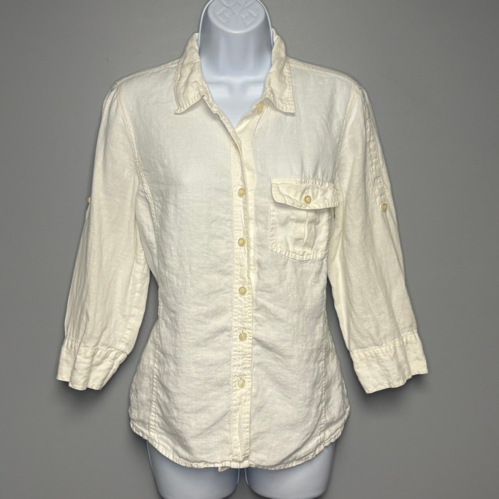 Talbots 100% Irish Linen Beachy Minimalist Casual Ivory Button-Up Shirt Womens M